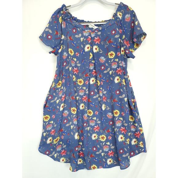 DAVI & DANI Dresses & Skirts - Davi &‎ Dani Blue Floral Shift Tunic Dress Women L Pleated Front Lined Flowey